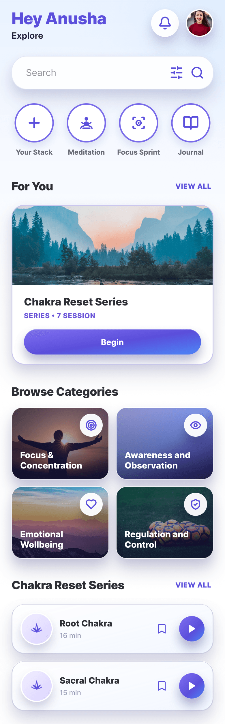 Bodhi app explore screen with browsable meditation categories and series