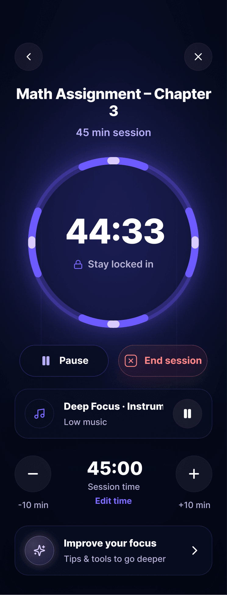 Bodhi app focus timer counting down a 45-minute study session