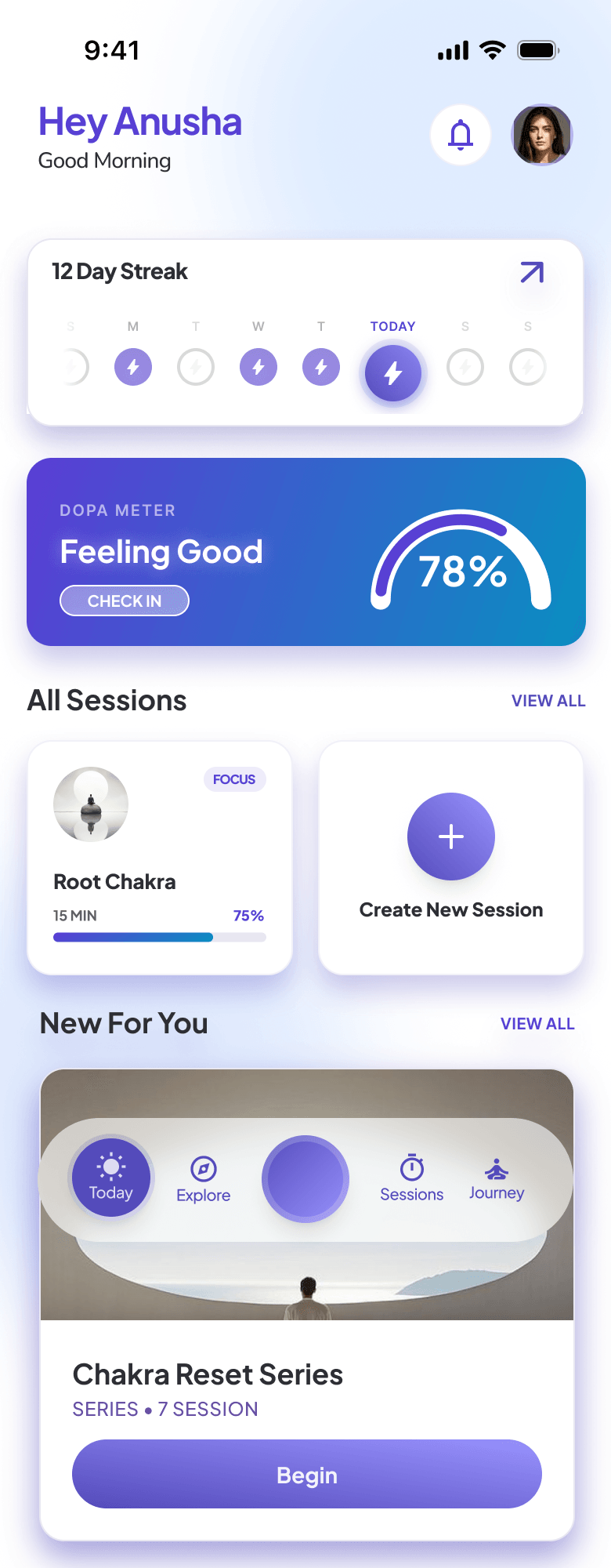 Bodhi app home screen showing a 12-day streak and a Dopameter check-in