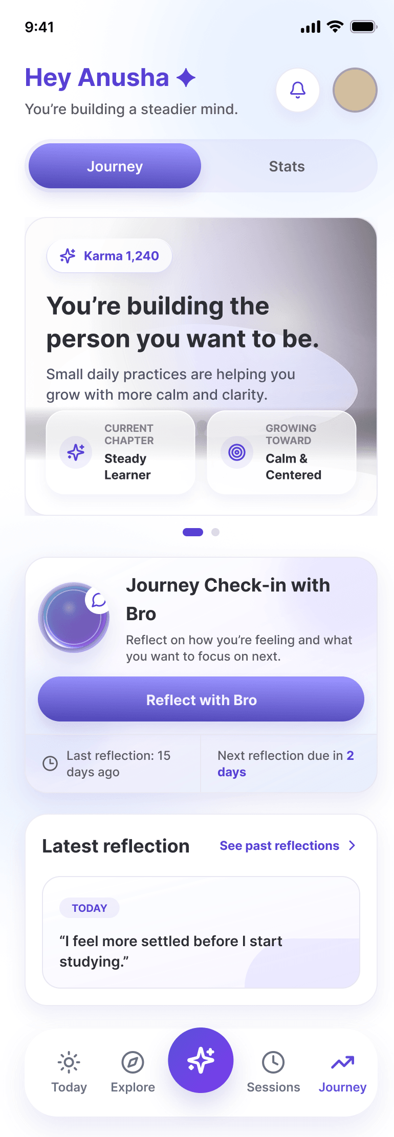 Bodhi app journey screen showing karma progress and daily reflections