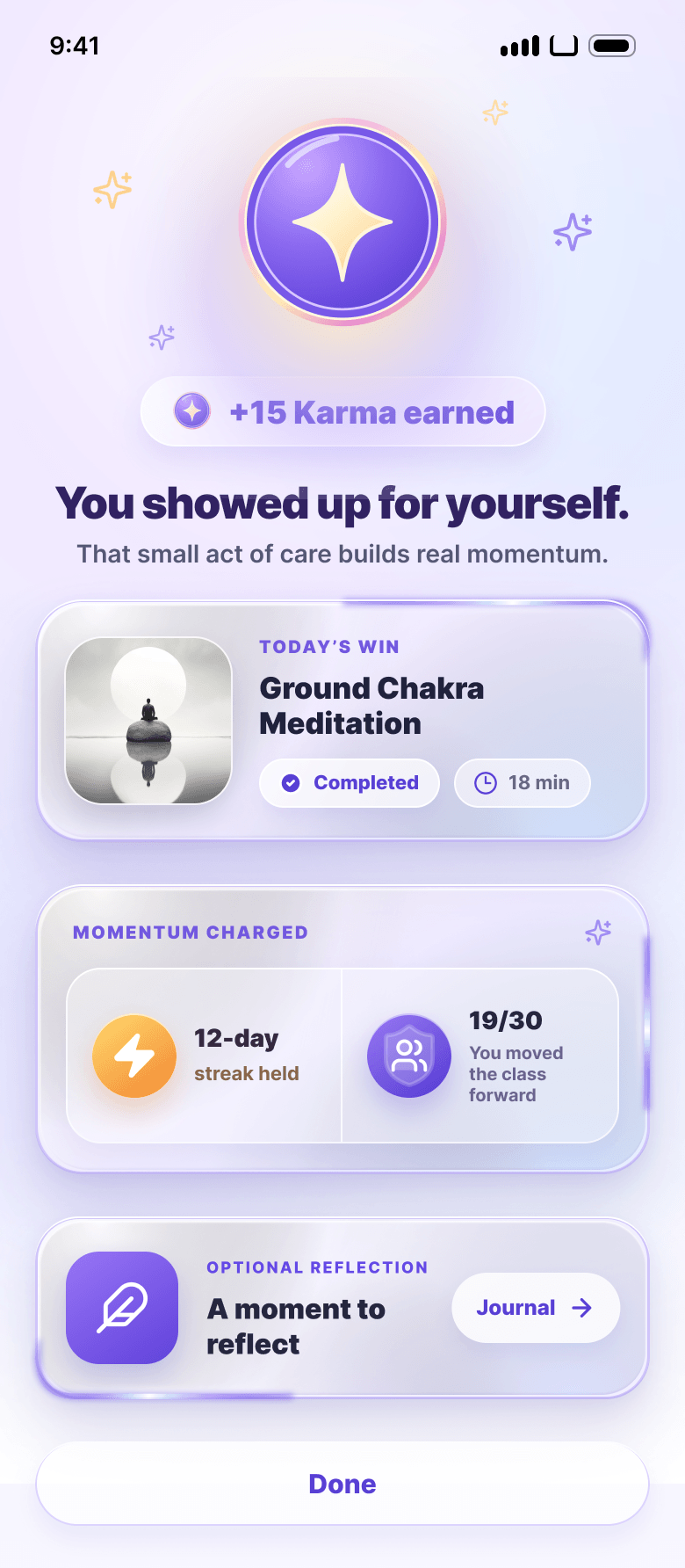 A karma reward moment celebrating a completed meditation with a 12-day streak held