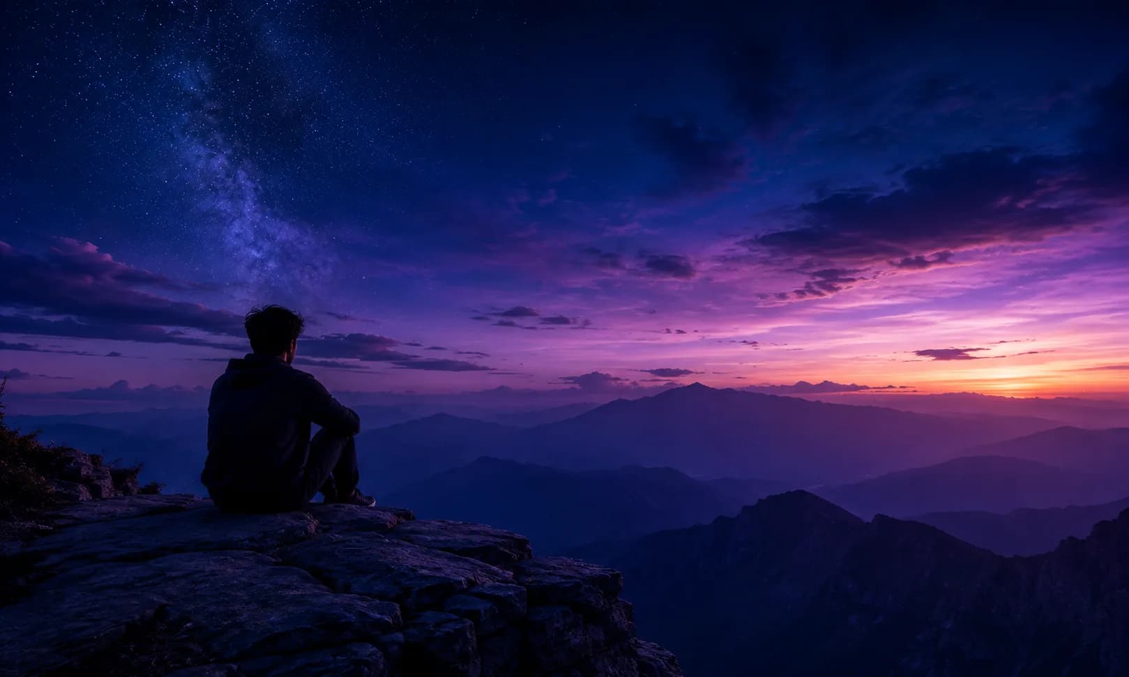 A single person sitting in quiet reflection on a mountain ledge at dusk, beneath a deep navy-to-purple sky with soft starlight and a warm distant horizon glow