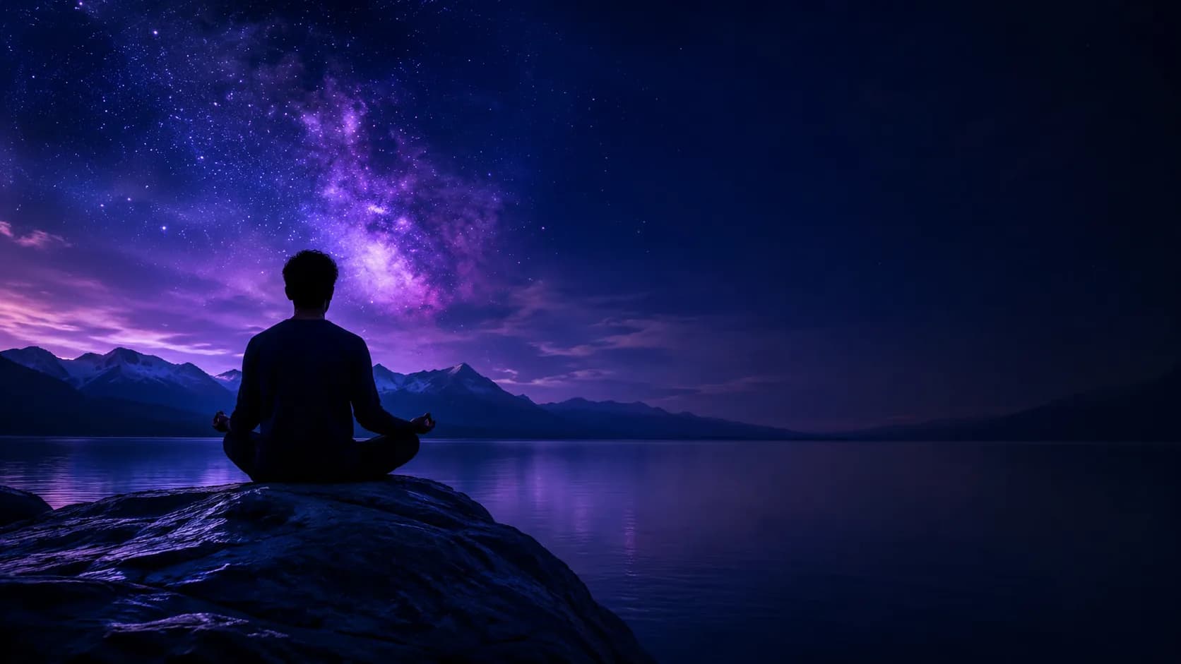 A silhouetted figure sitting cross-legged in meditation on a rock ledge above a still lake at night, beneath a purple and indigo starlit sky with distant mountains