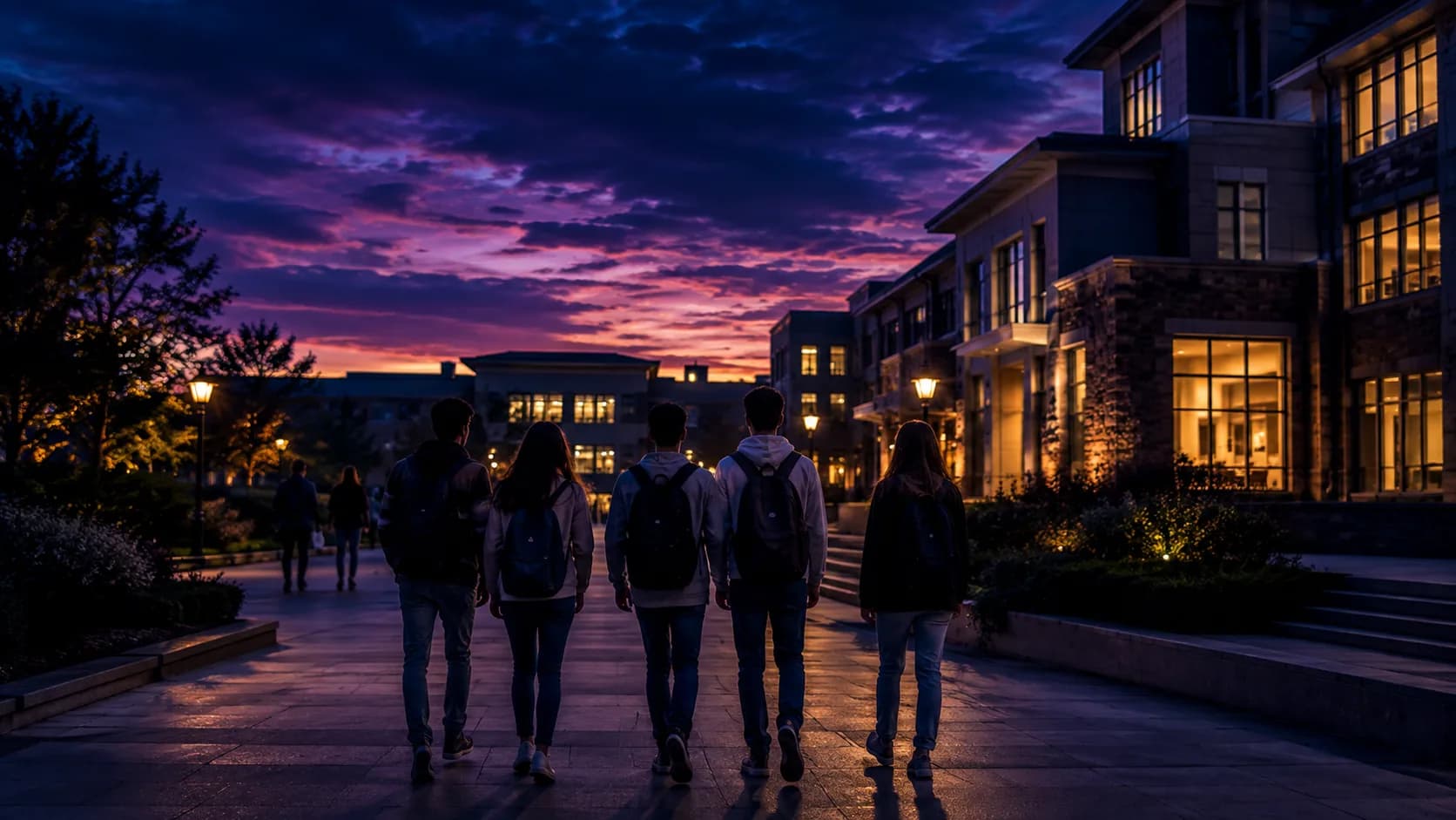 A small group of students walking together on a school campus path at dusk, warm building lights glowing against a deep navy-purple evening sky