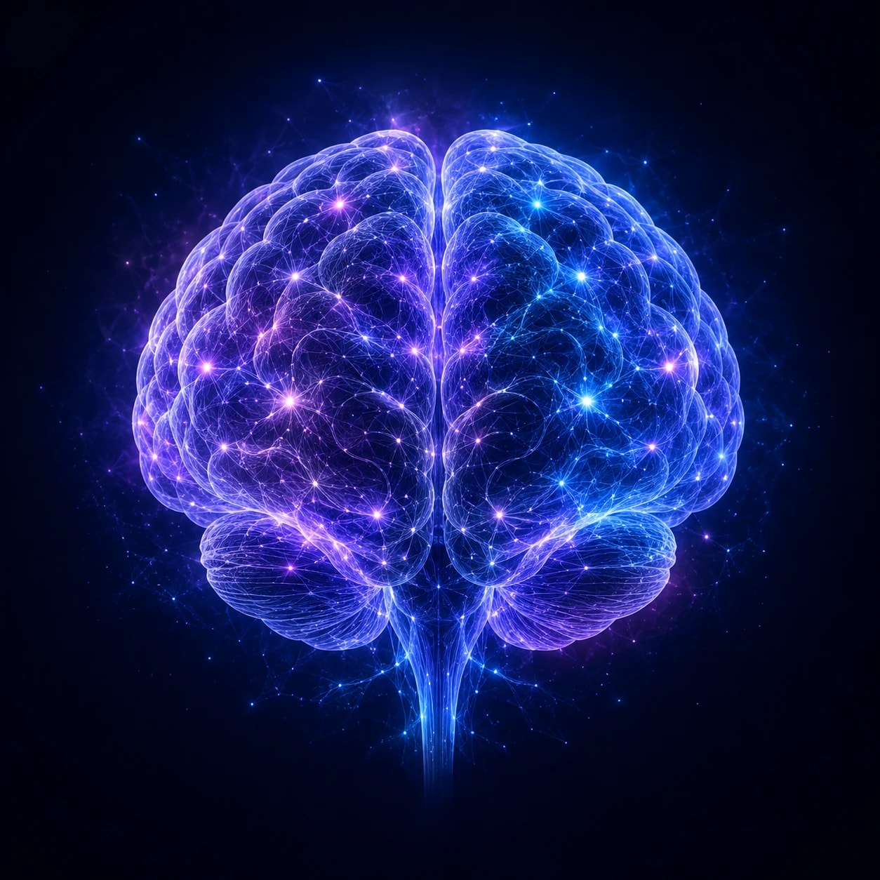 A glowing translucent illustration of a human brain rendered as a network of light, with fine neural pathways and softly pulsing nodes in purple, indigo, and electric blue